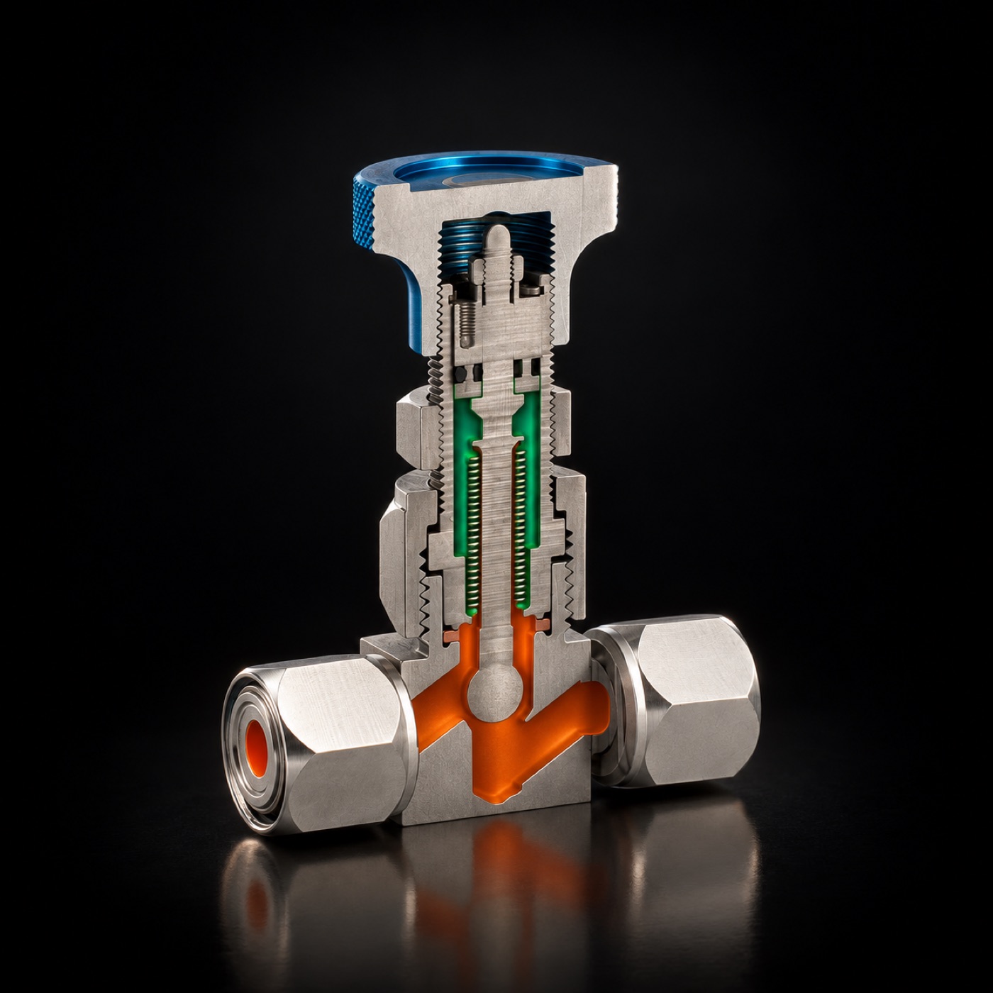 Cut-away view of a smolsys tritium-compatible high vacuum bellows valve