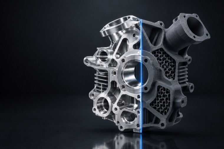 One part, machined on the left and 3D printed on the right