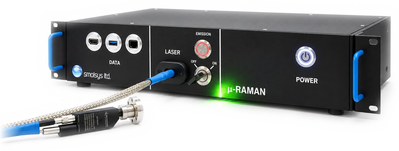 smolsys µ-RAMAN spectrometer with fibre probe, laser emission indicator and green laser glow